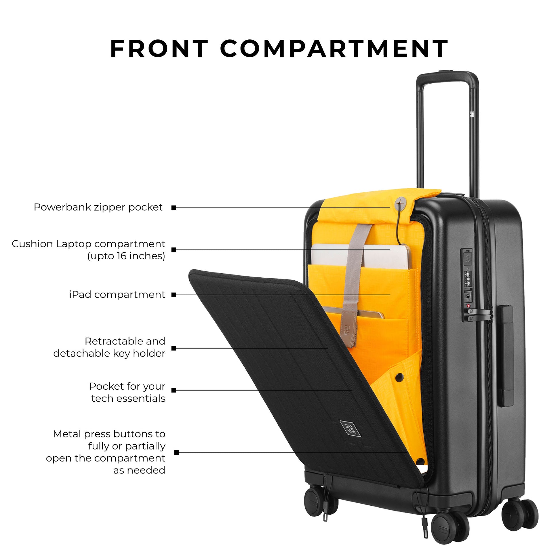 Front view of the Cabin Pro luggage with tech compartments.