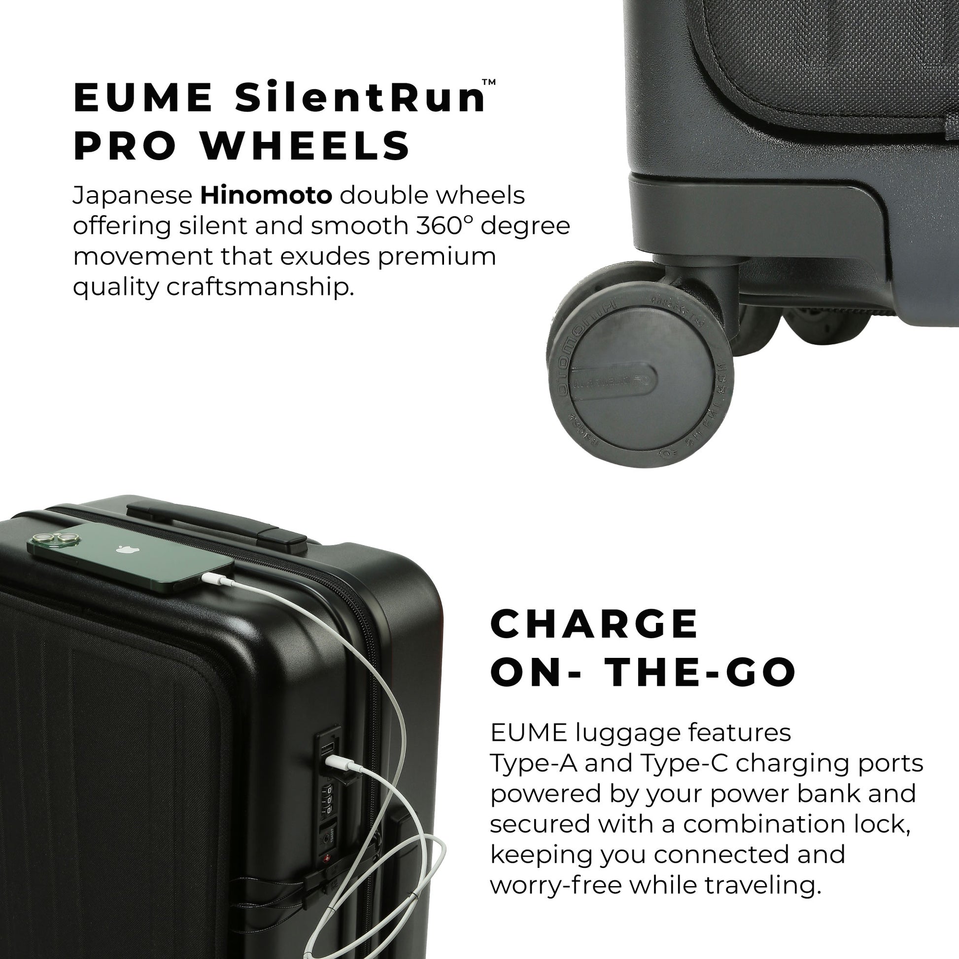 EUME Cabin Pro suitcase with charging ports and silent wheels.