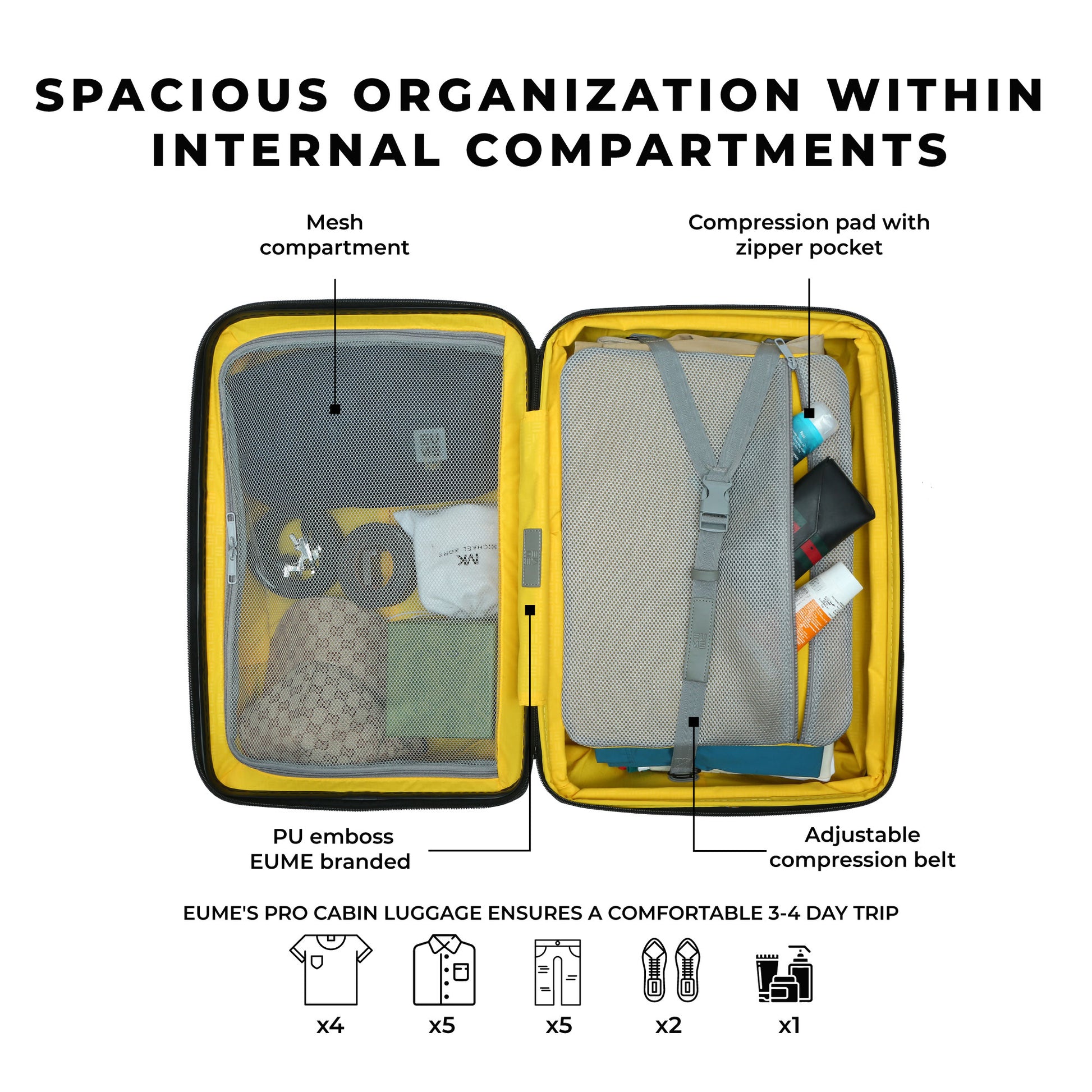 Interior compartments of EUME's Cabin Pro luggage for organized travel.