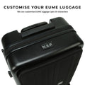 Customizable EUME luggage with personalization options for up to 10 characters.