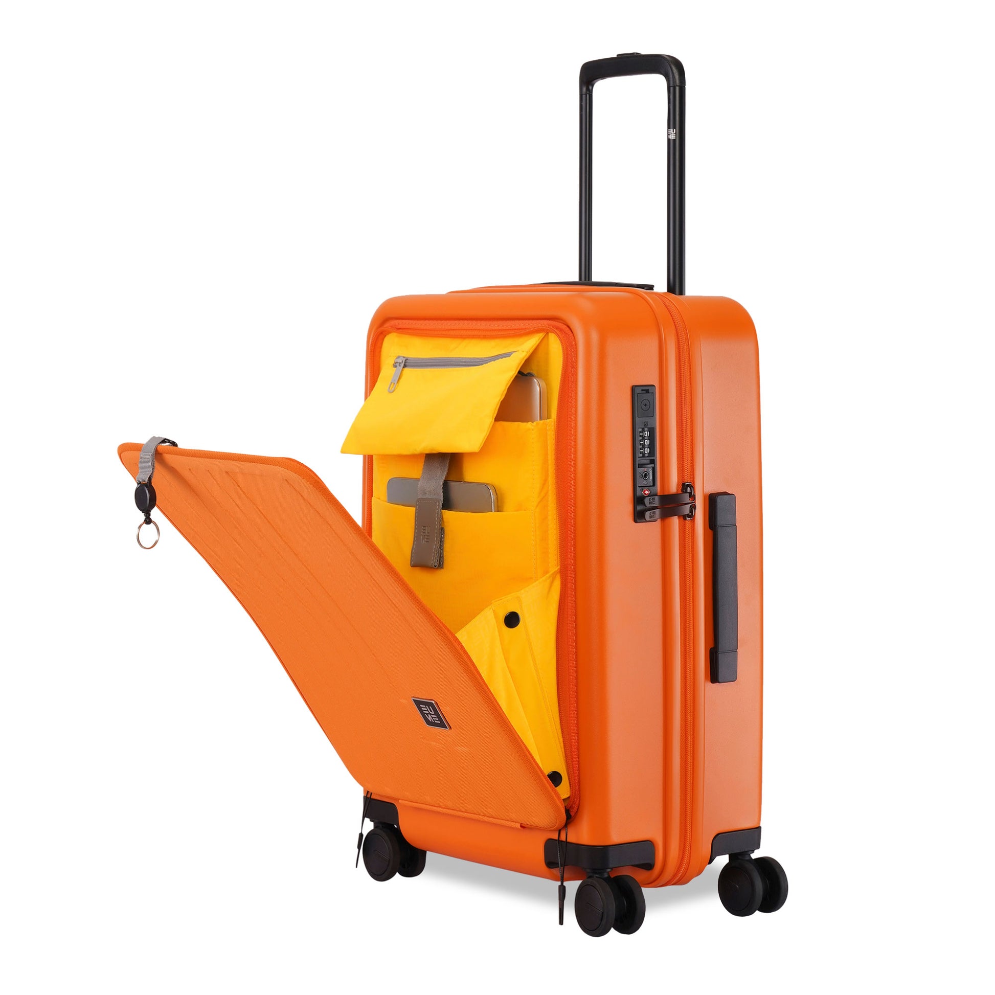 Orange cabin suitcase with yellow interior and multiple compartments.