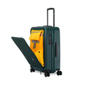 Green suitcase with yellow interior compartments and expandable design.