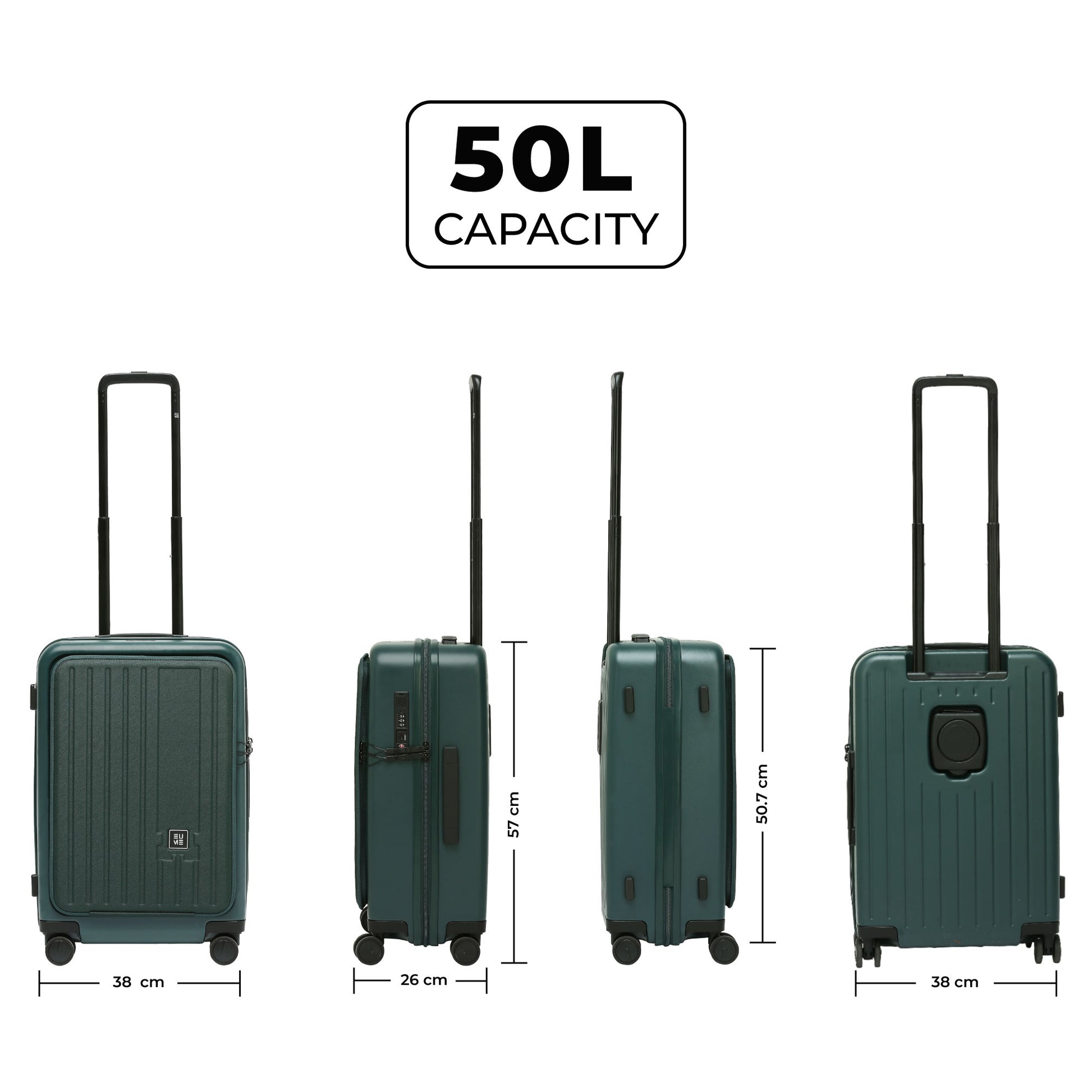 "Cabin Pro 50L luggage with dimensions and design features."