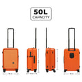 Orange suitcase with 50L capacity, dimensions, and durable design.