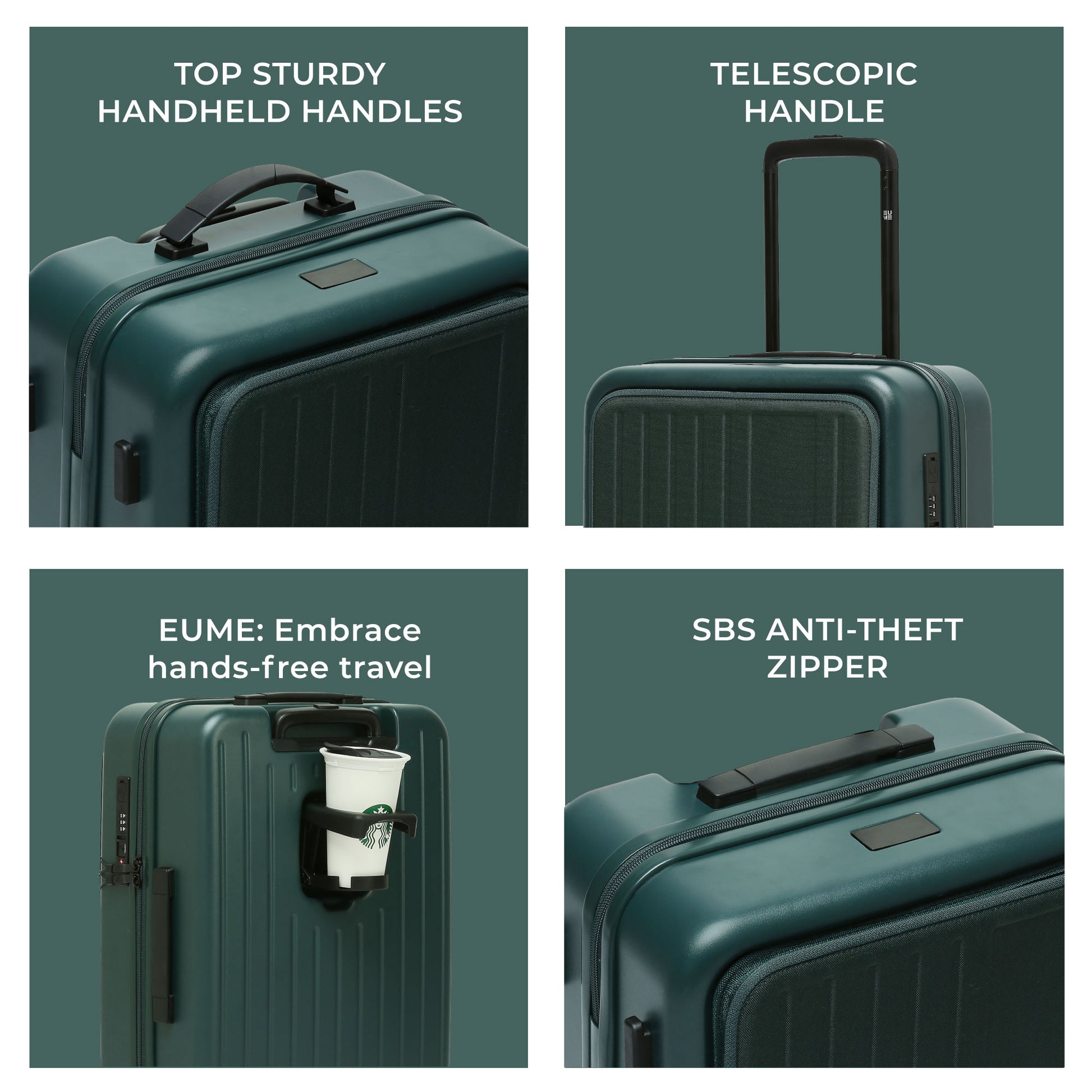 Cabin Pro suitcase features sturdy handles, telescopic handle, and anti-theft zipper.