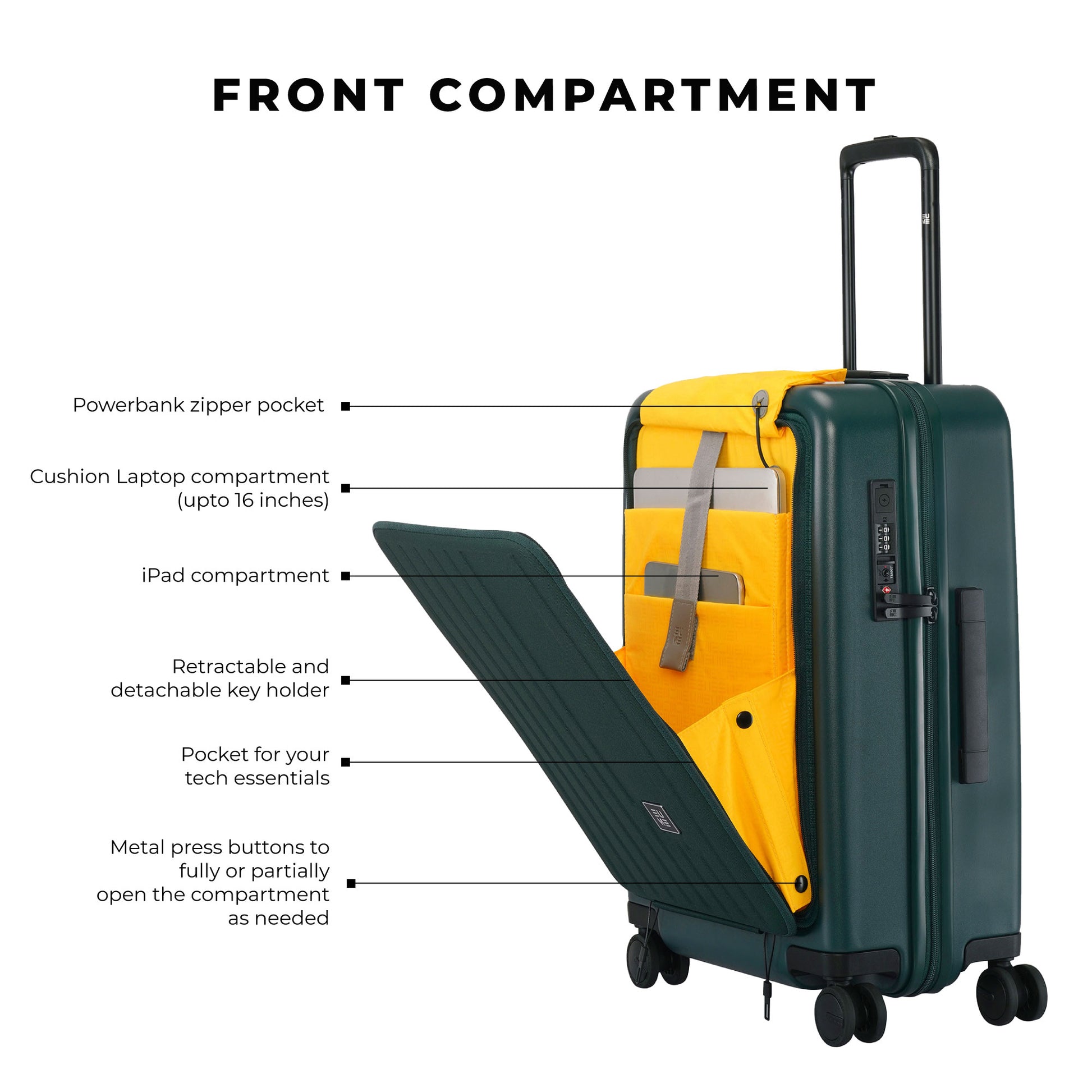 Front compartment features of Cabin Pro luggage for tech essentials.