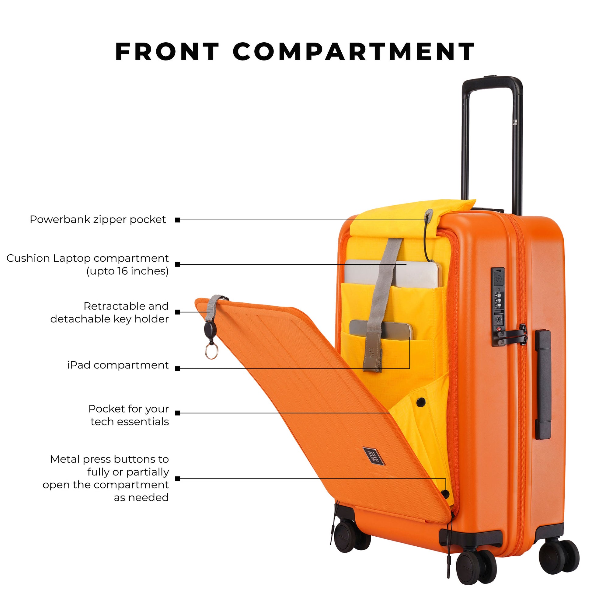 Front compartment of Cabin Pro luggage with tech storage features.