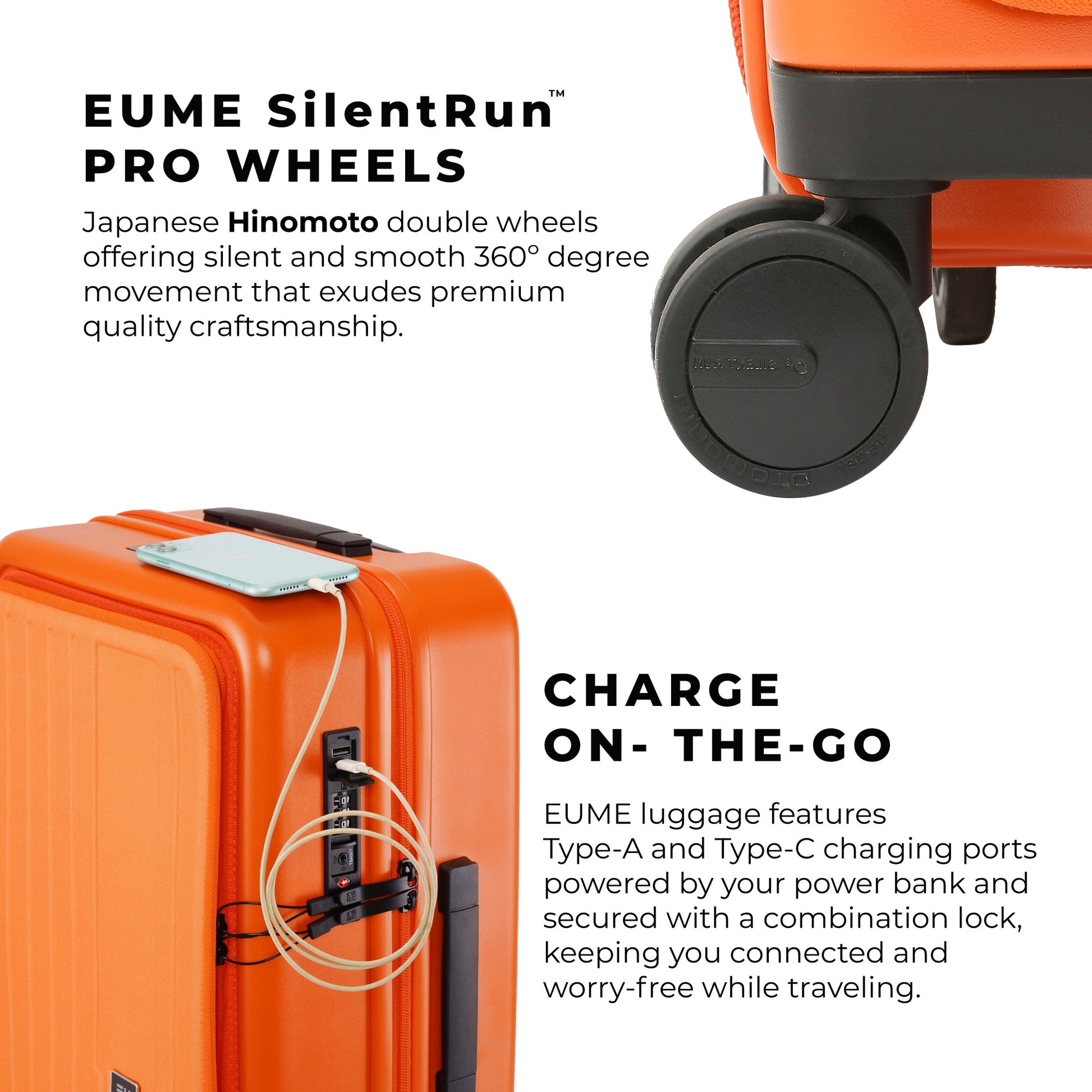 EUME Cabin Pro suitcase with silent wheels and charging ports.