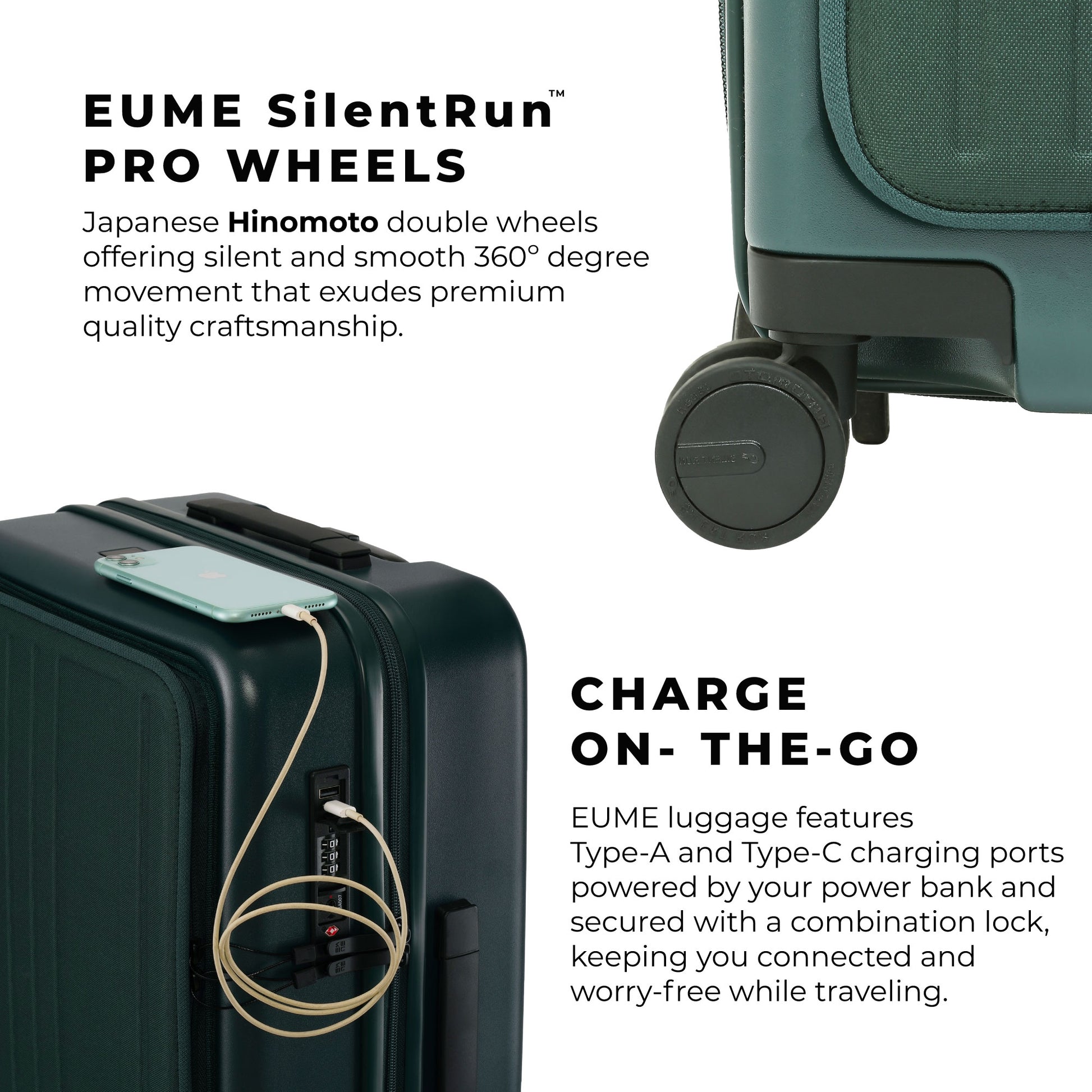 EUME Cabin Pro suitcase with charging ports and quality wheels.