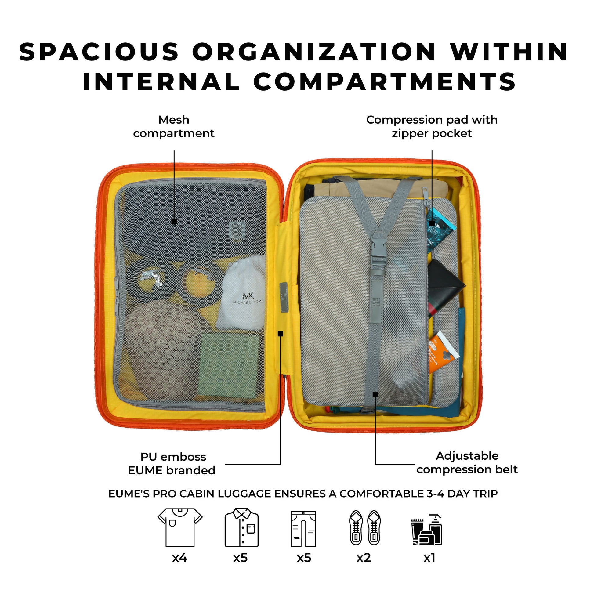 Spacious internal compartments of EUME's Cabin Pro luggage for organized travel.