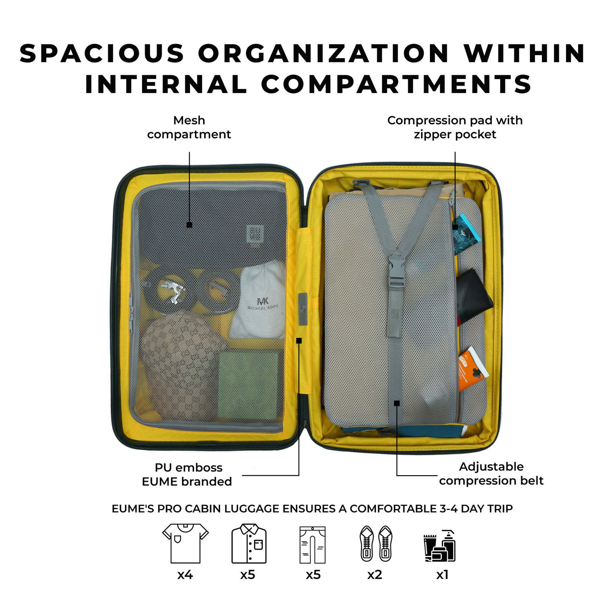 "Interior of Cabin Pro luggage showcasing organized compartments and packing features."