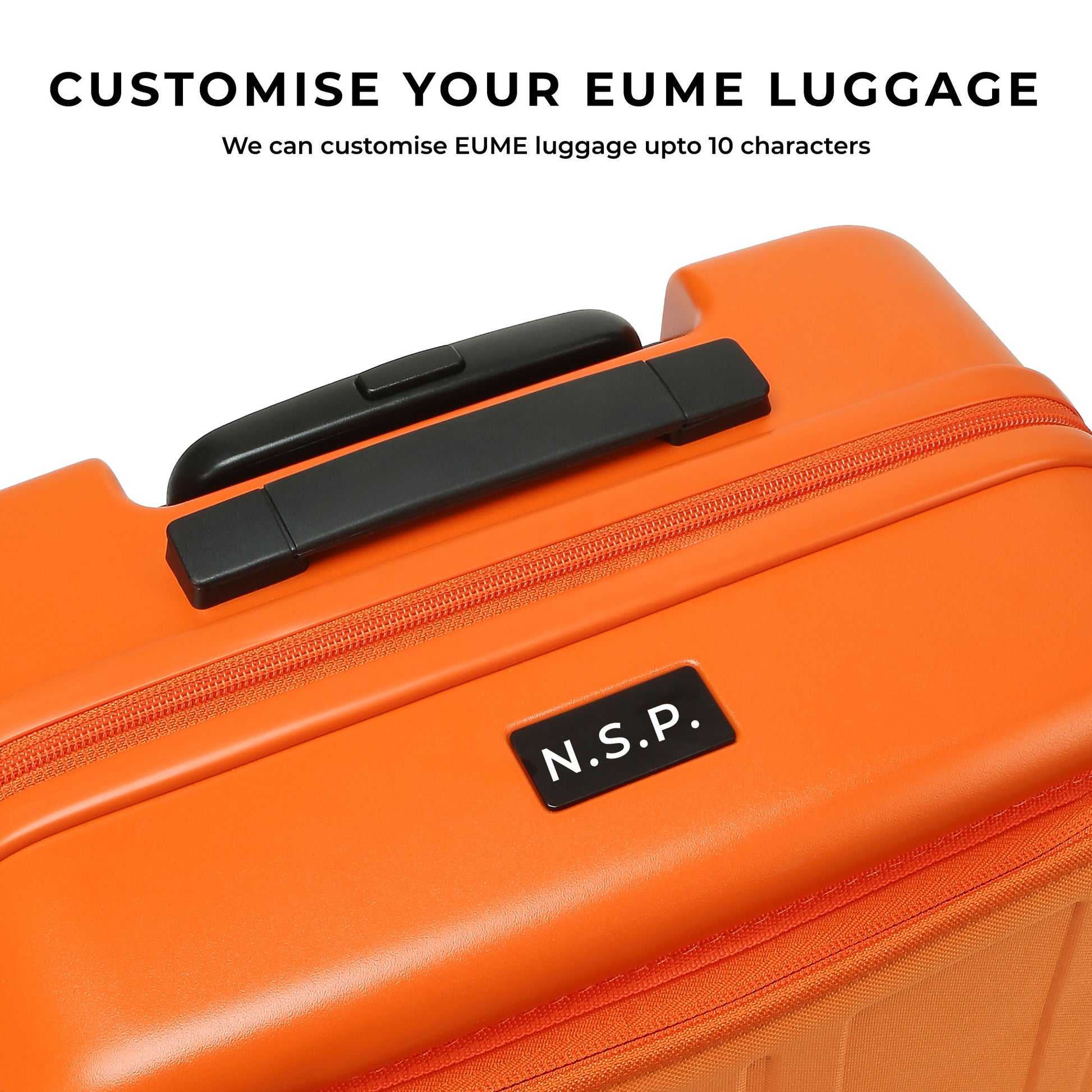 Customizable orange EUME luggage with black handle and name tag.