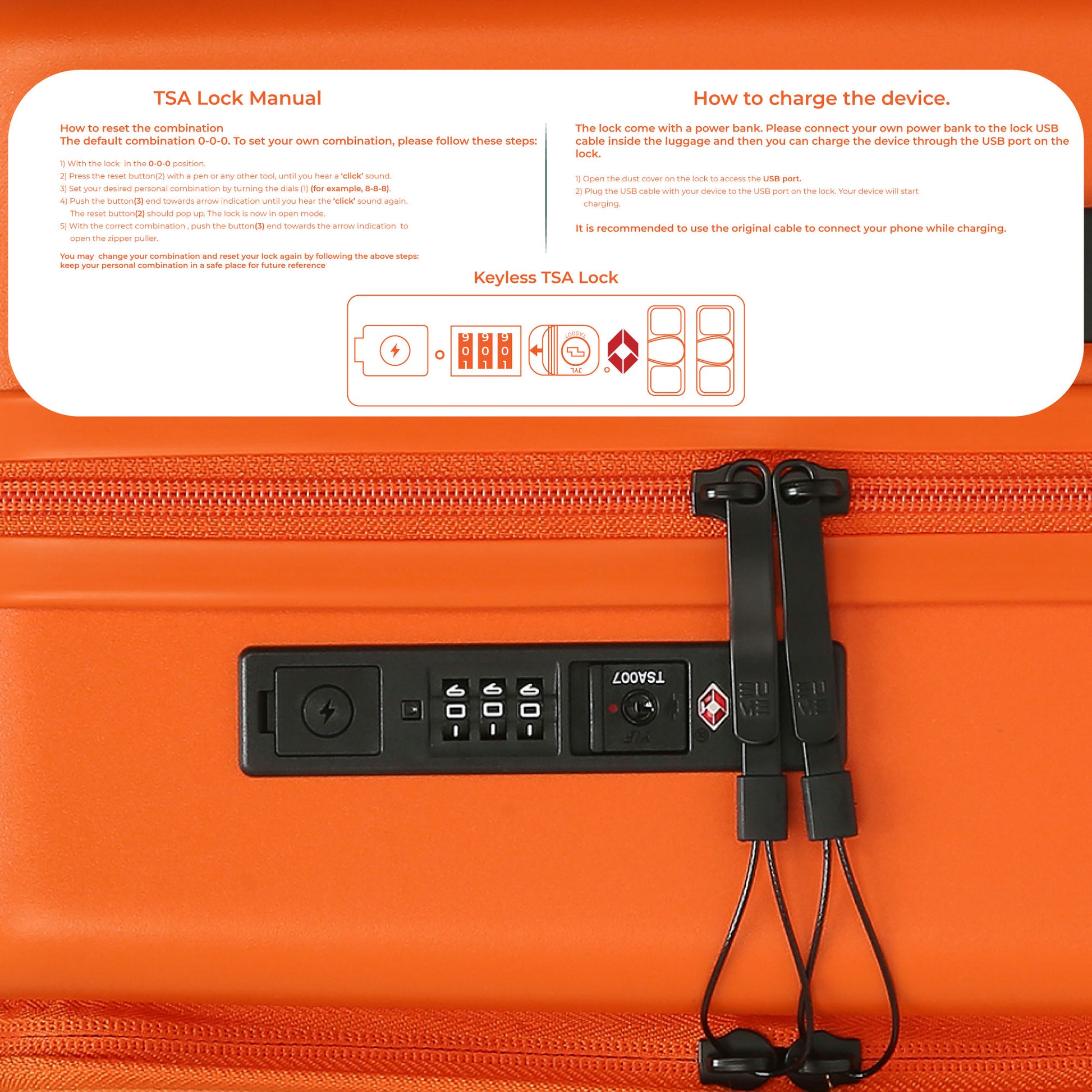 Cabin Pro luggage keyless TSA lock and charging instructions.