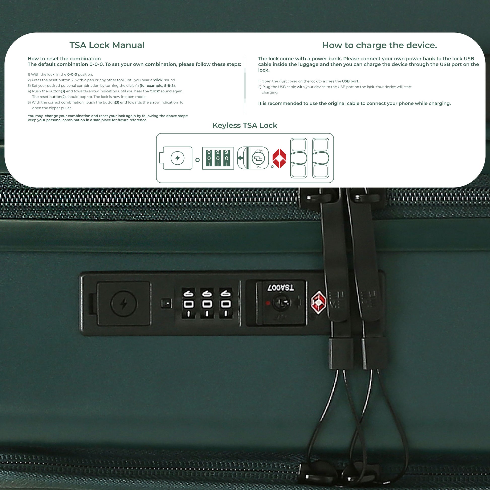 Keyless TSA lock manual and charging instructions for Cabin Pro product.