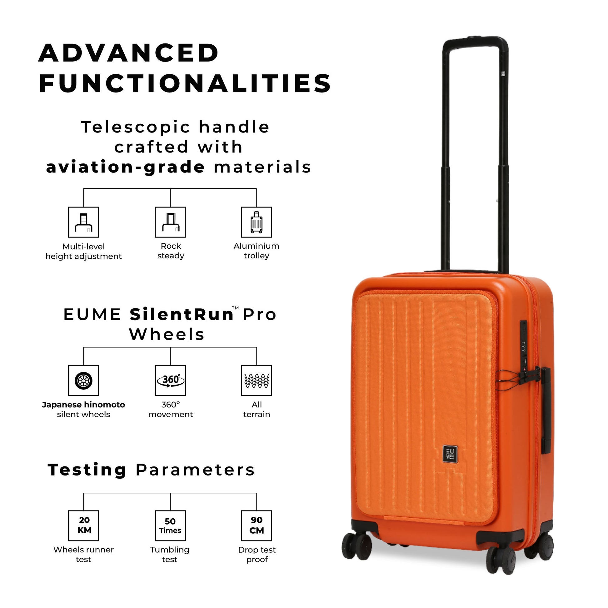 "Cabin Pro suitcase showcasing advanced features and vibrant orange design."