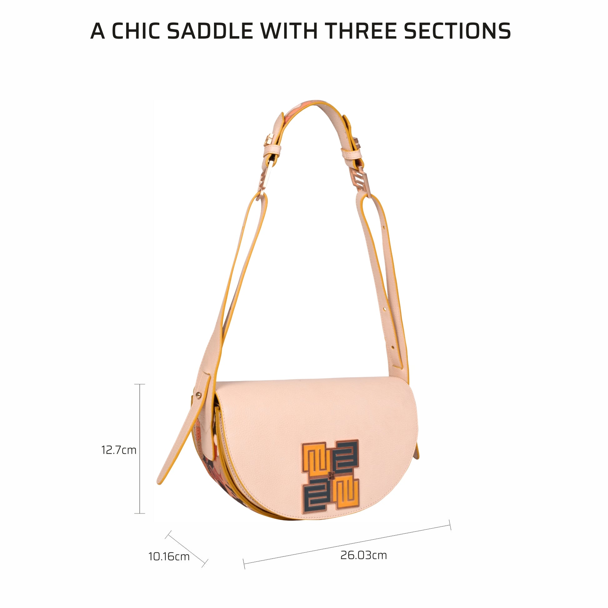 Stylish Pecan Saddle Bag with three spacious sections and adjustable strap.