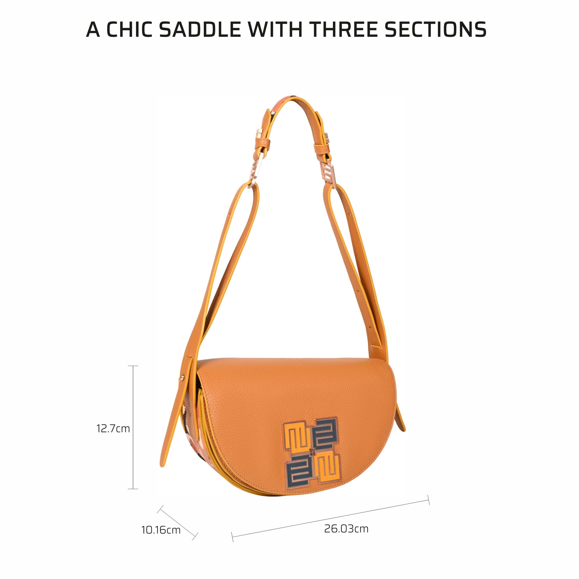 Chic pecan saddle bag with three sections and stylish design.