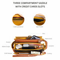 Pecan Saddle Bag interior showing credit card slots and organization features.