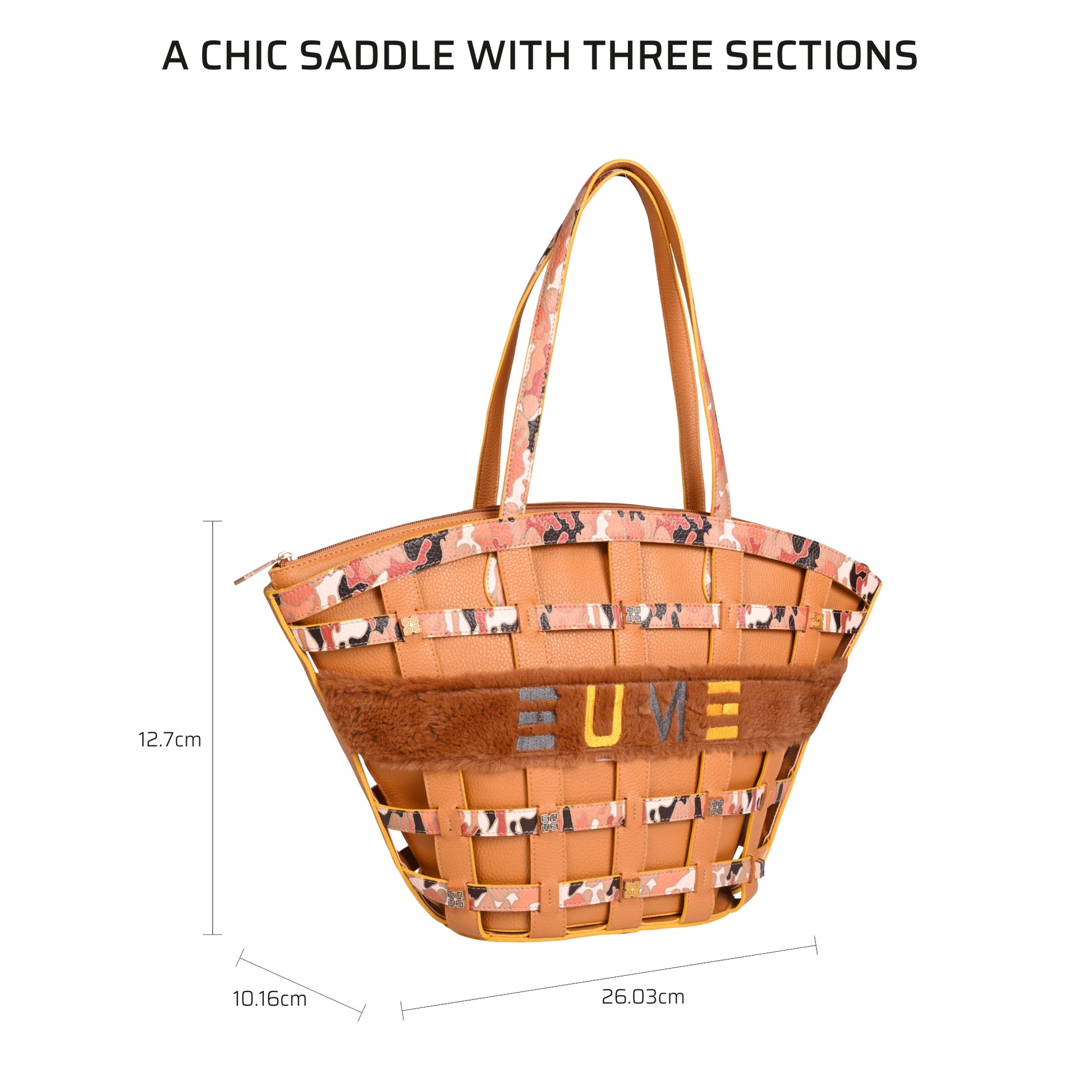 Praline Tote Bag with chic saddle design and three sections.