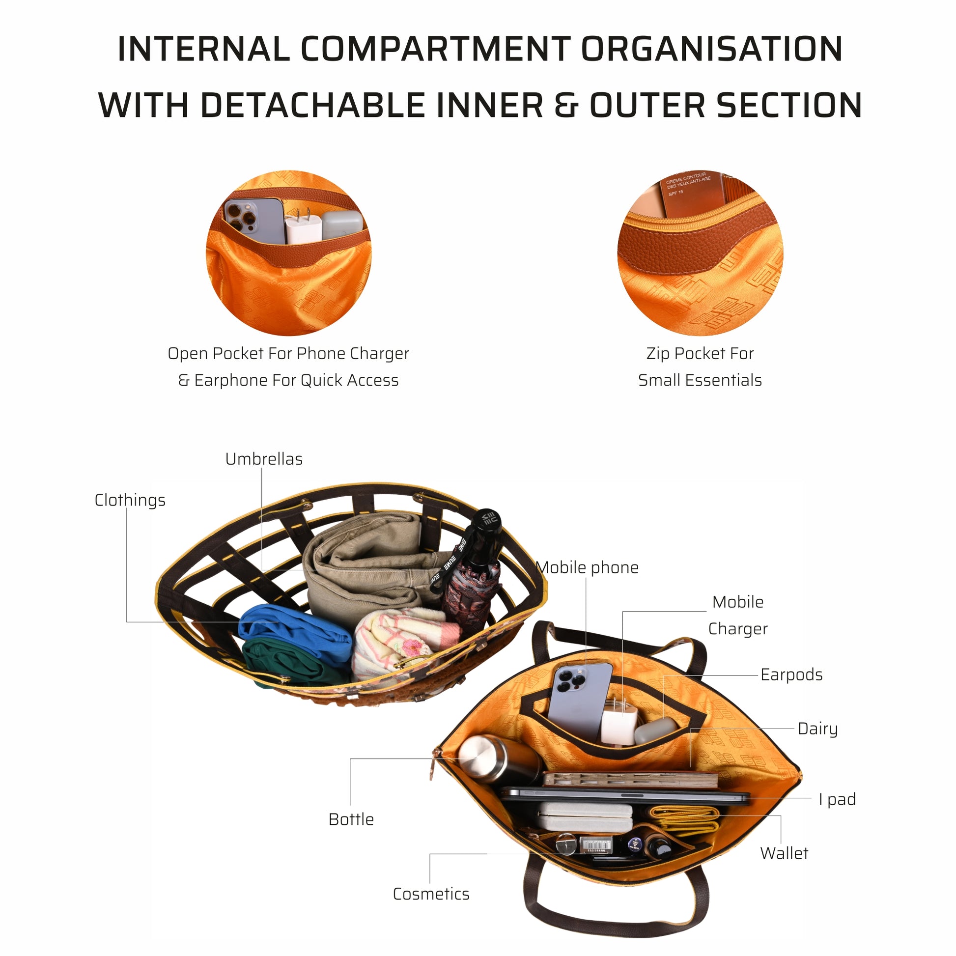 Praline Tote Bag showcasing organized compartments for essentials.