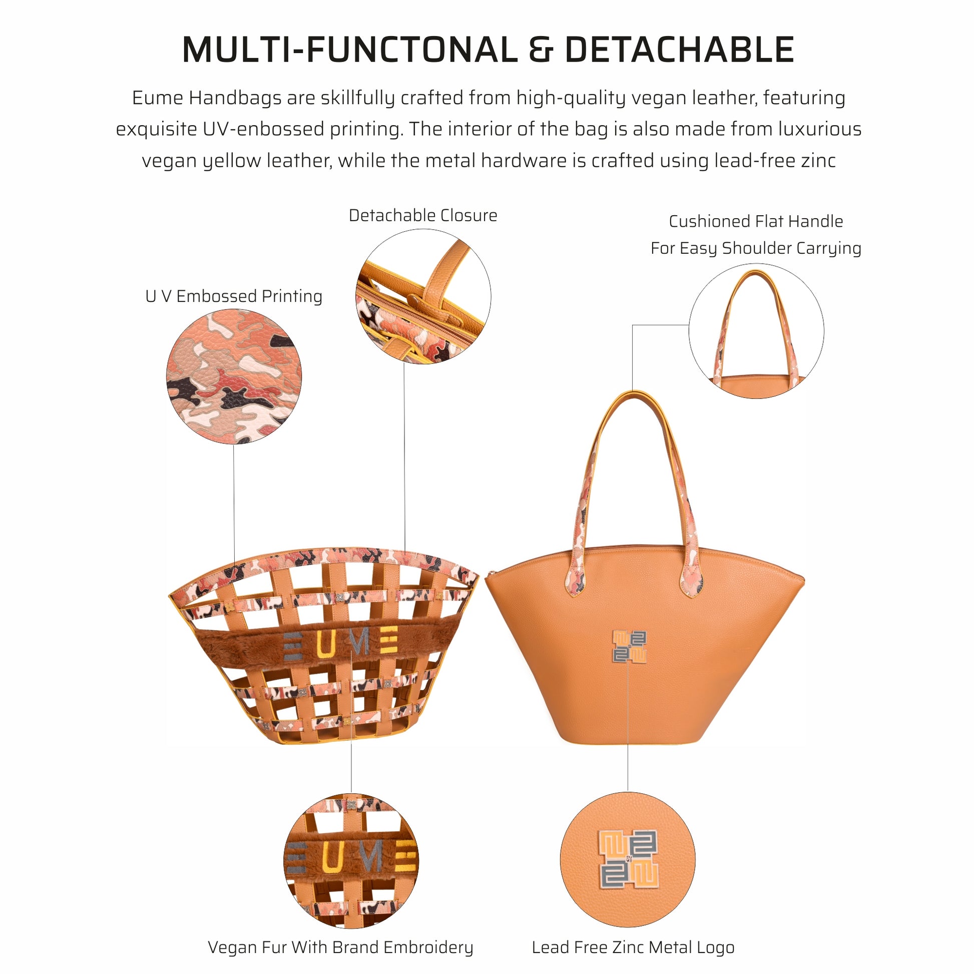 "Praline Tote Bag with UV-embossed printing and vegan leather design."