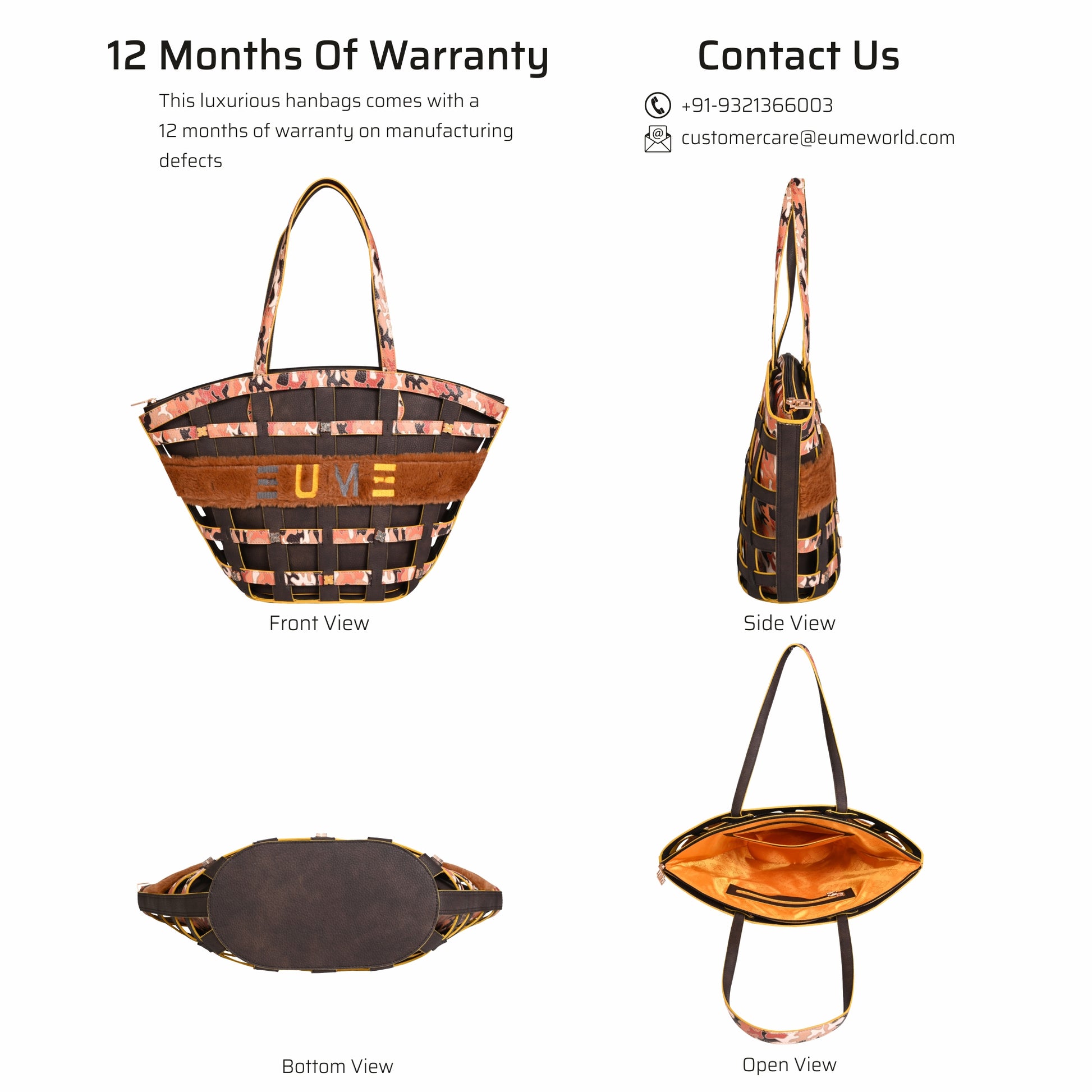 Praline Tote Bag with multiple views and warranty information.