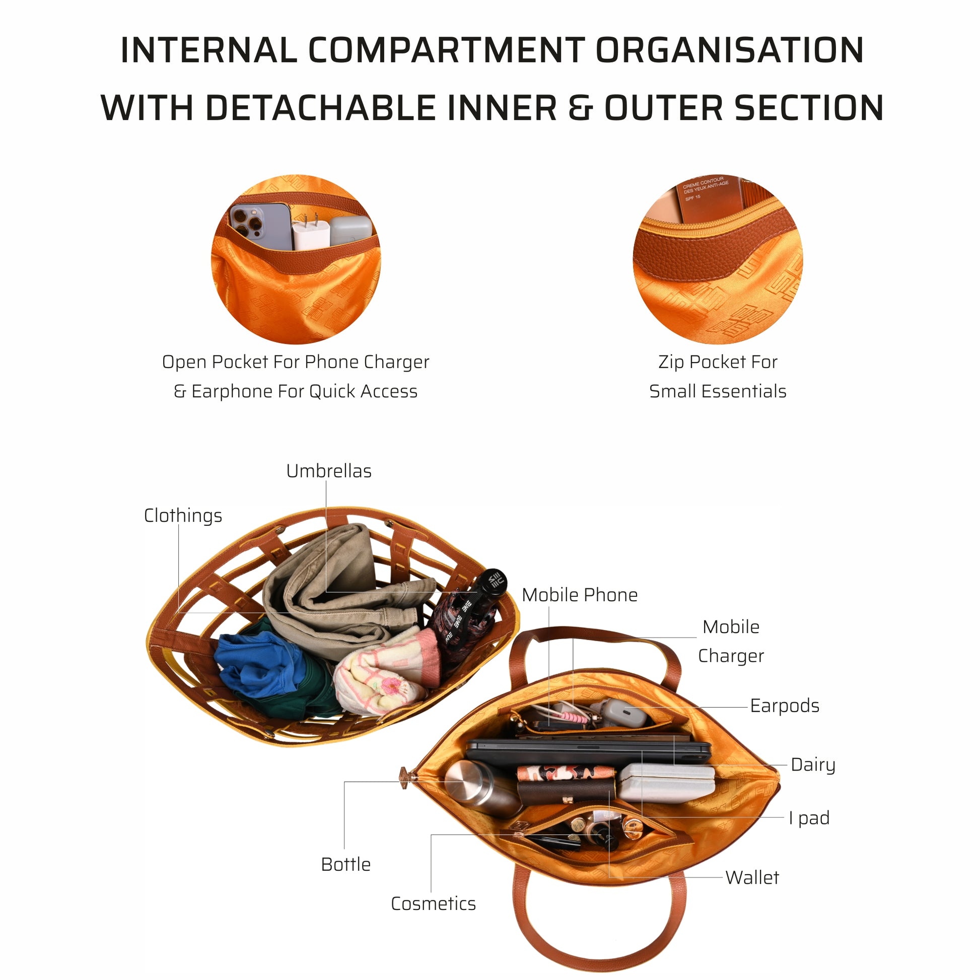 Praline Tote Bag with organized compartments for essentials and accessories.