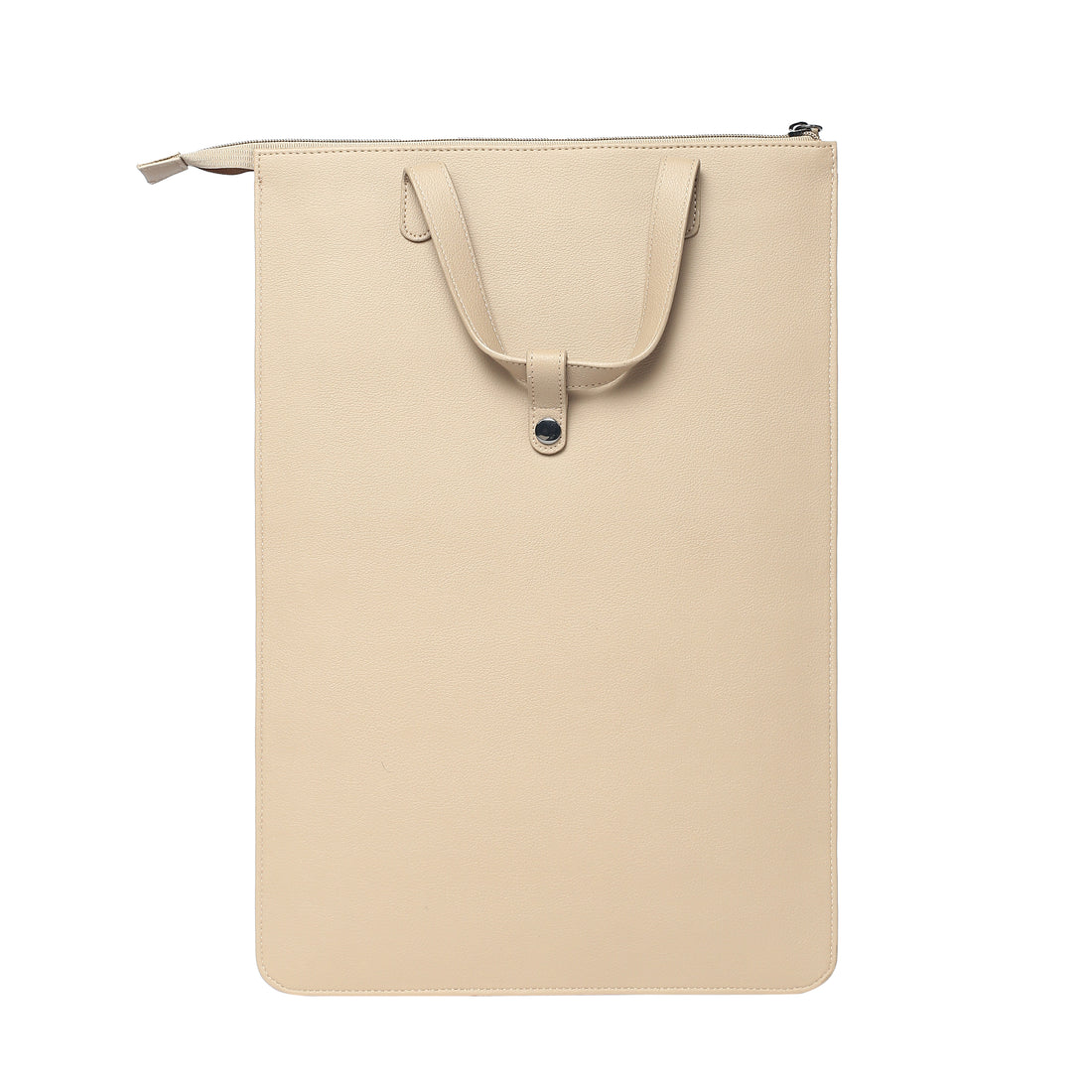 Beige leather laptop sleeve with handle and zippered closure.