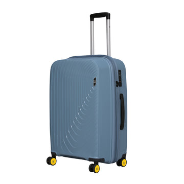 Blue hard-shell suitcase with yellow wheels and a telescopic handle.