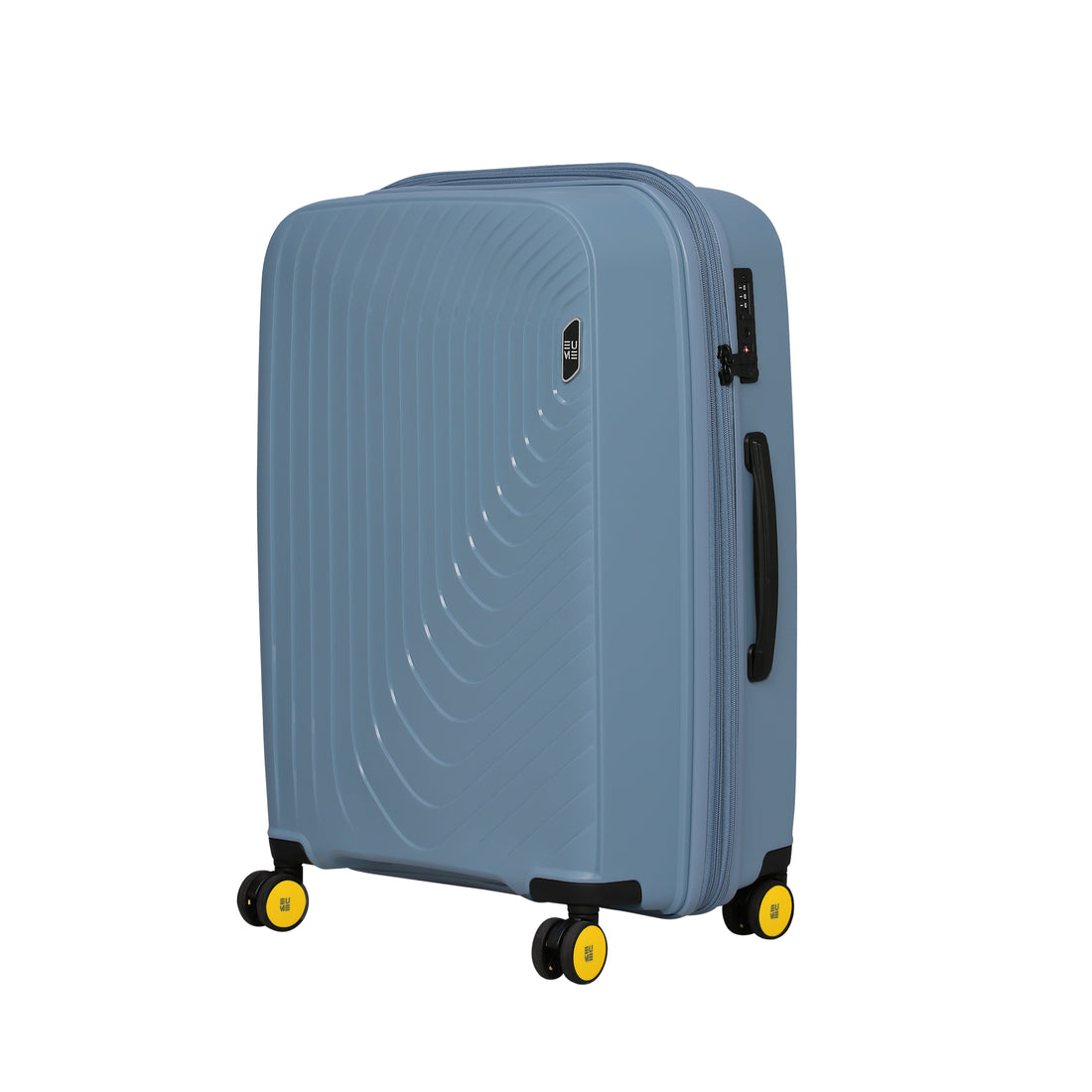 Blue hard-shell suitcase with yellow wheels and a telescopic handle.