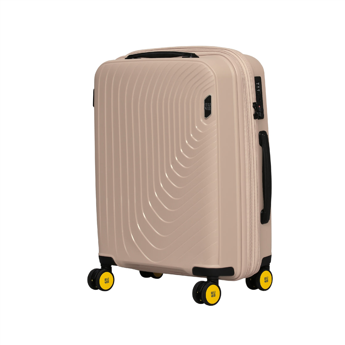 Beige hardshell carry-on suitcase with four yellow spinner wheels.