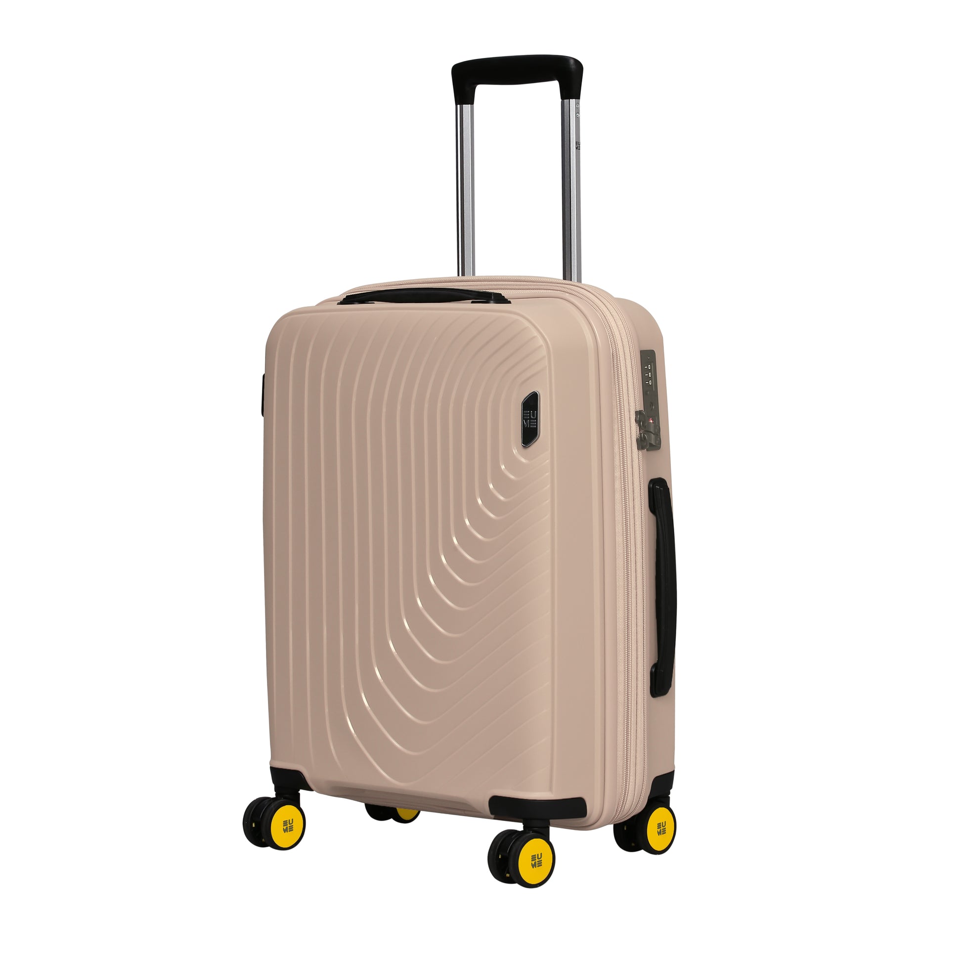 Beige hardshell carry-on suitcase with four yellow spinner wheels.