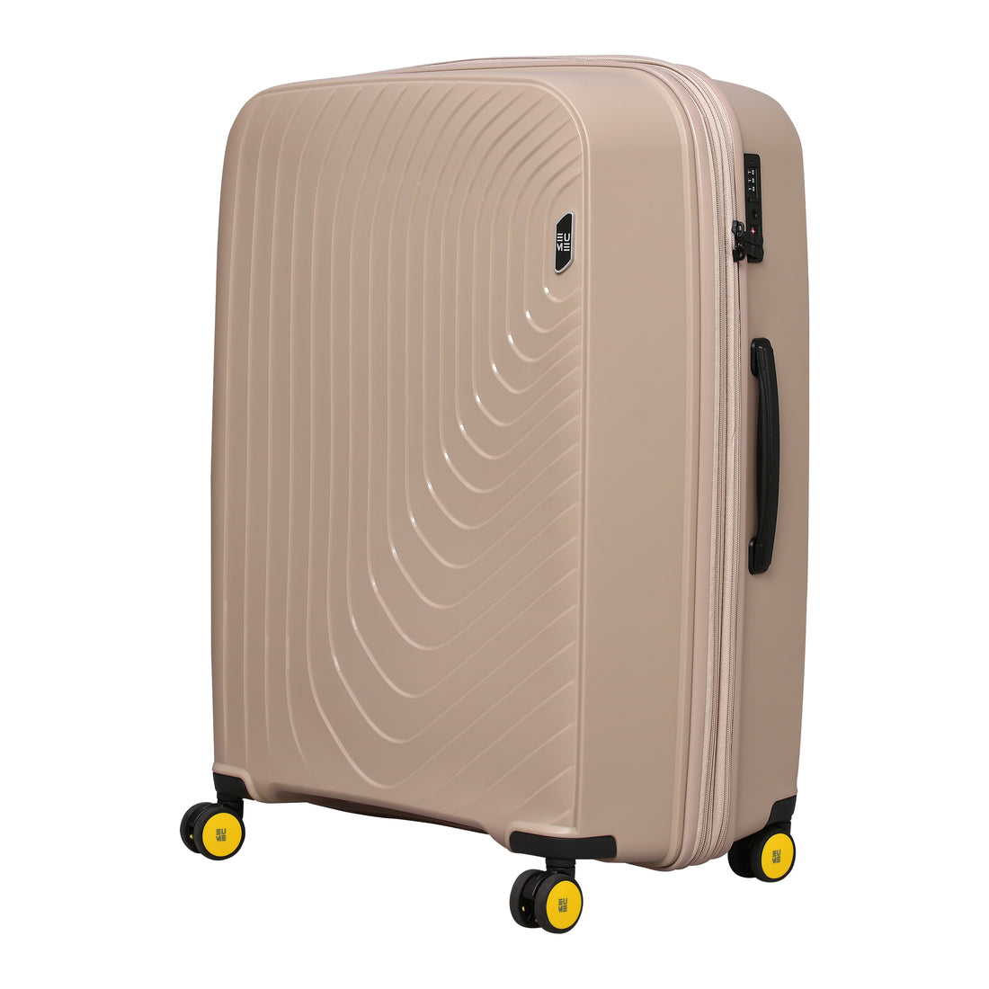 Large beige hard-shell suitcase with wheels and TSA lock for travel