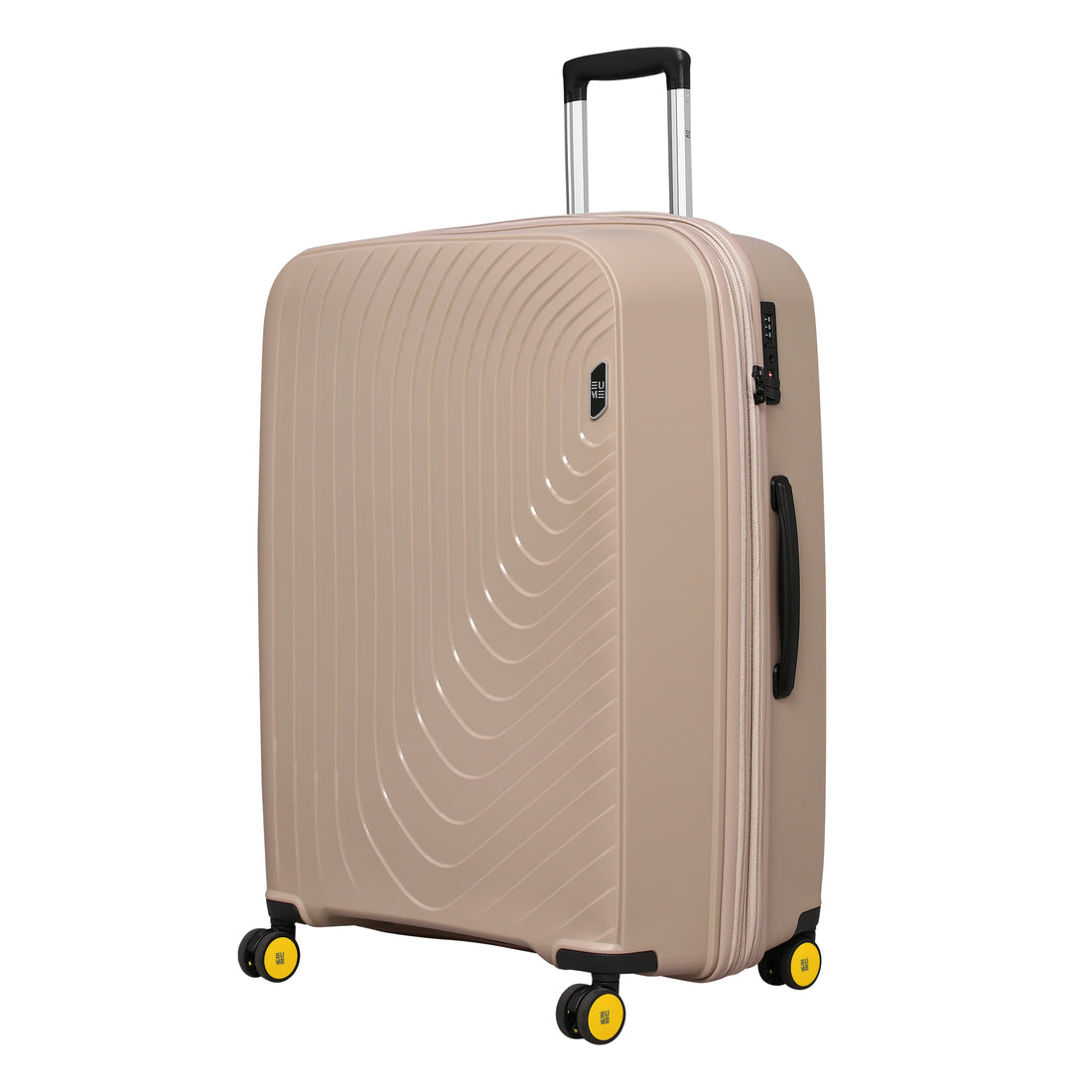 Large beige hard-shell suitcase with wheels and TSA lock for travel