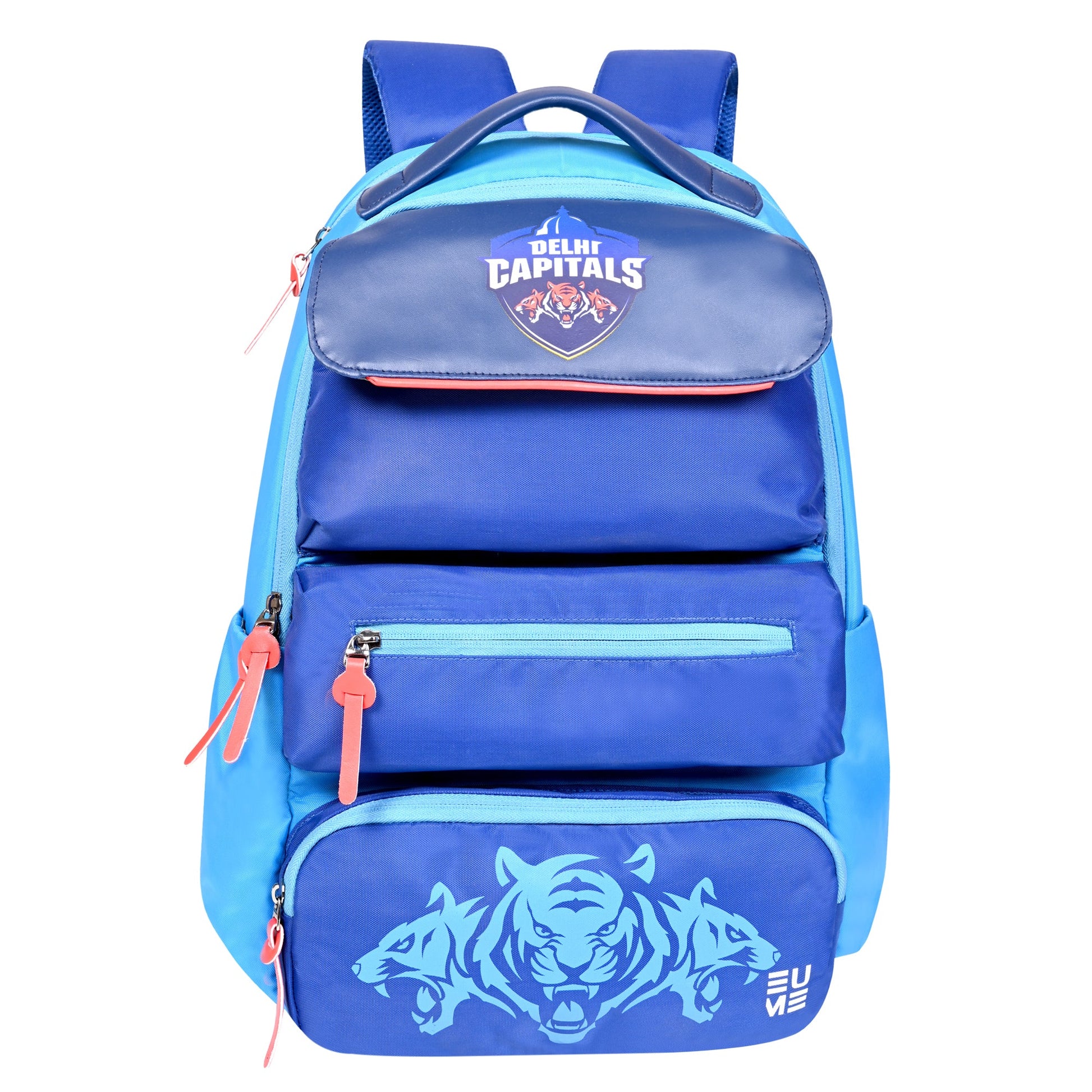 EUME Delhi Capitals blue laptop backpack for students and professionals.