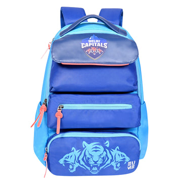 EUME Delhi Capitals blue laptop backpack for students and professionals.