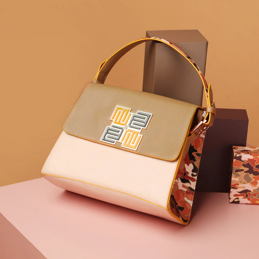 Espresso Satchel Bag with stylish camo design and unique logo.