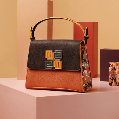 Stylish Espresso Satchel Bag with unique logo design and vibrant colors.