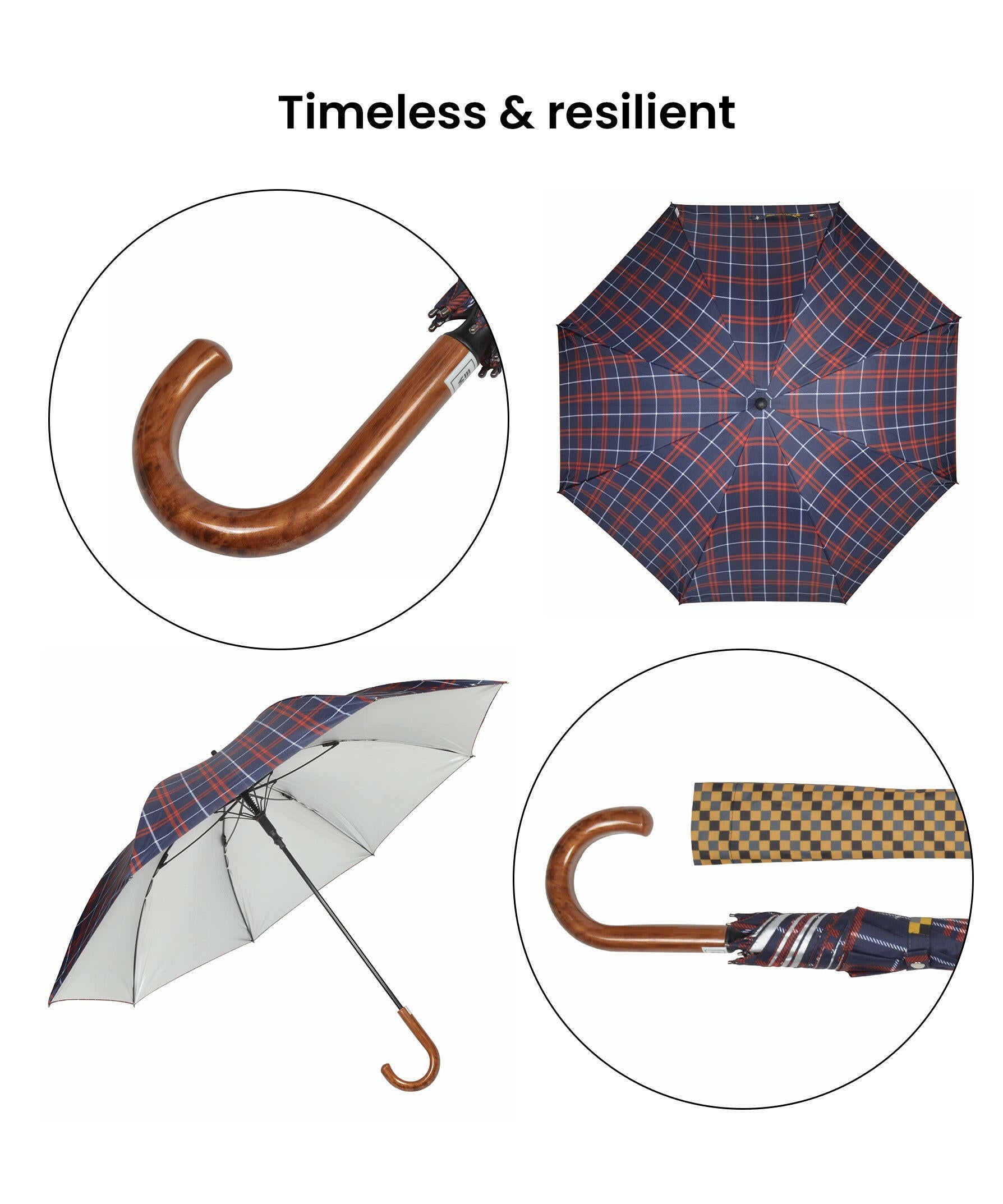 EUME Ordin 27 one-fold umbrella with plaid design and wooden handle.