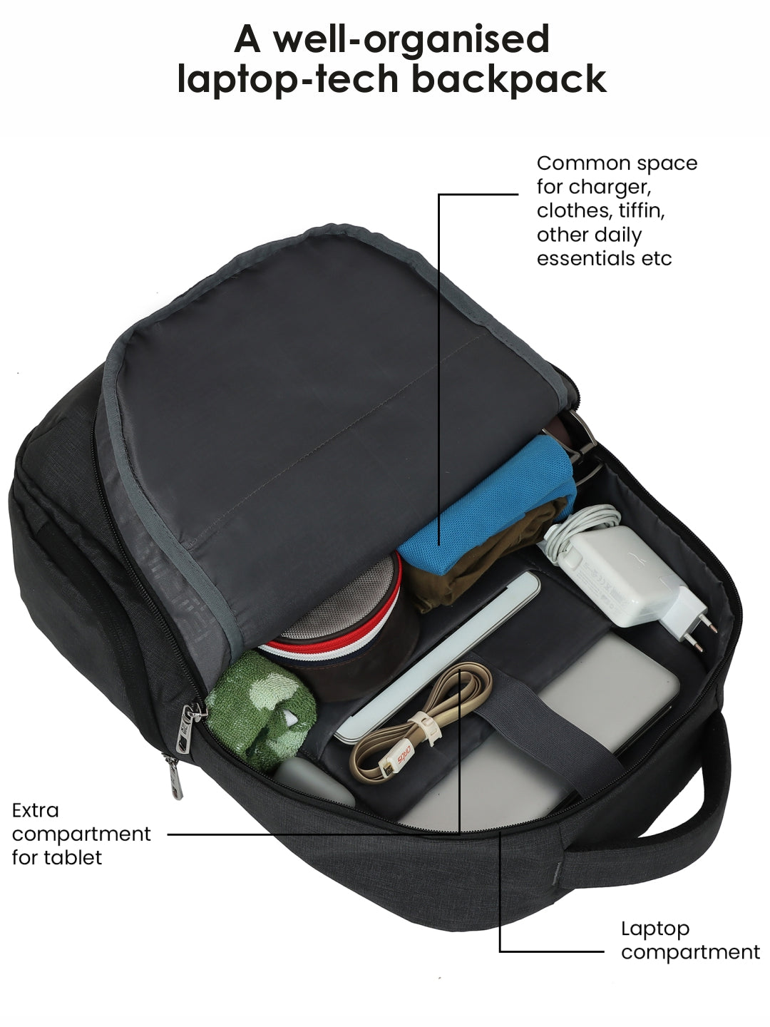 "Alexis 31L Office Backpack interior with organized compartments and tech storage."