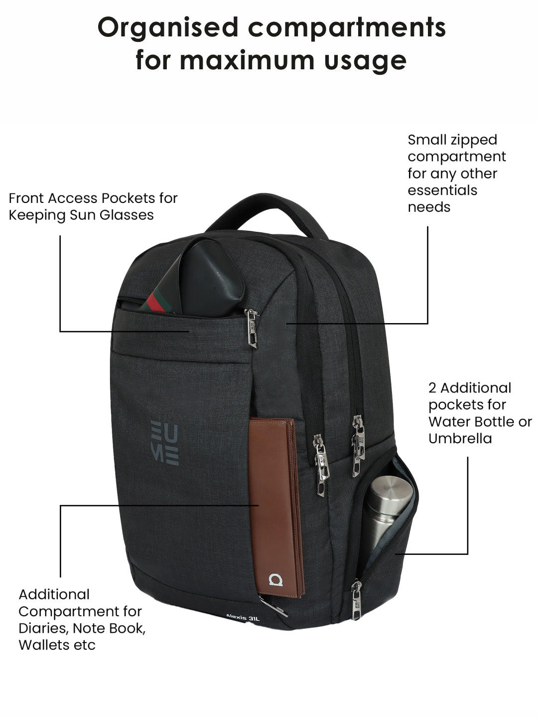 Alexis 31L Office Backpack showcasing organized compartments and pockets for essentials.