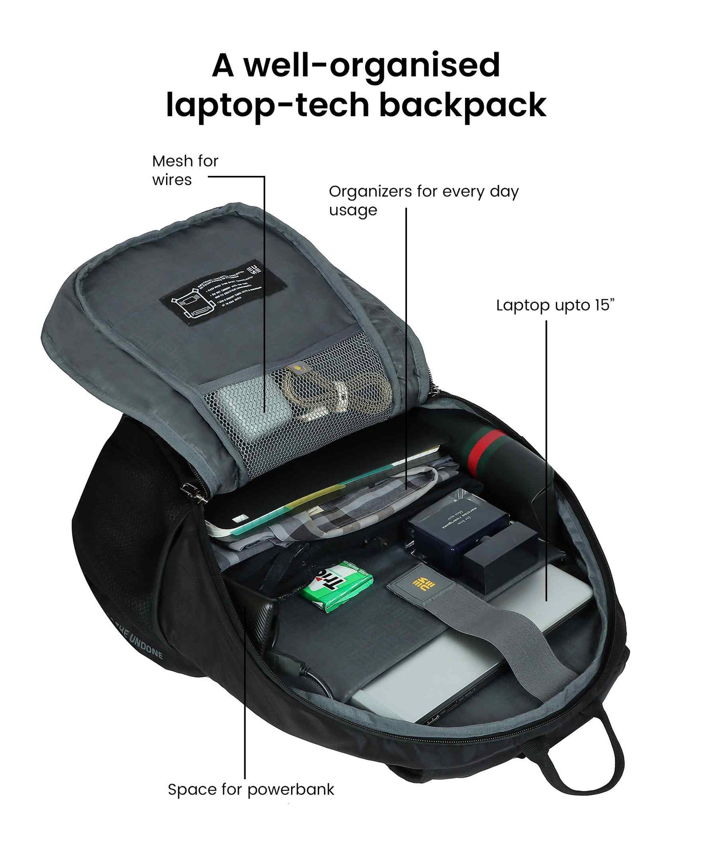 Propine 22L Massager Backpack with organized compartments for tech storage.