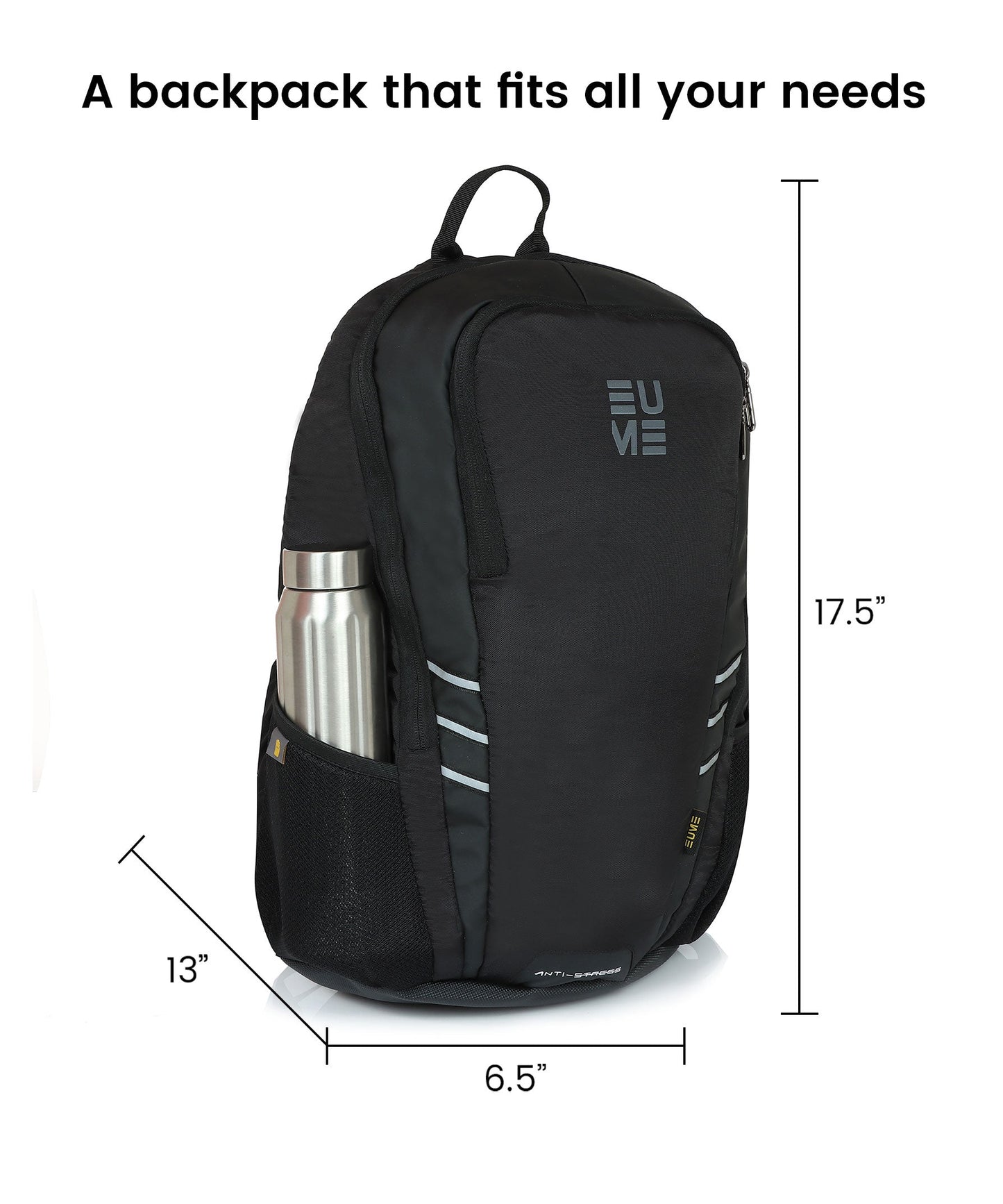 Propine 22L Massager Backpack with dimensions and water bottle holder.