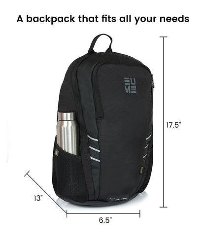Propine 22L Massager Backpack with dimensions and water bottle holder.