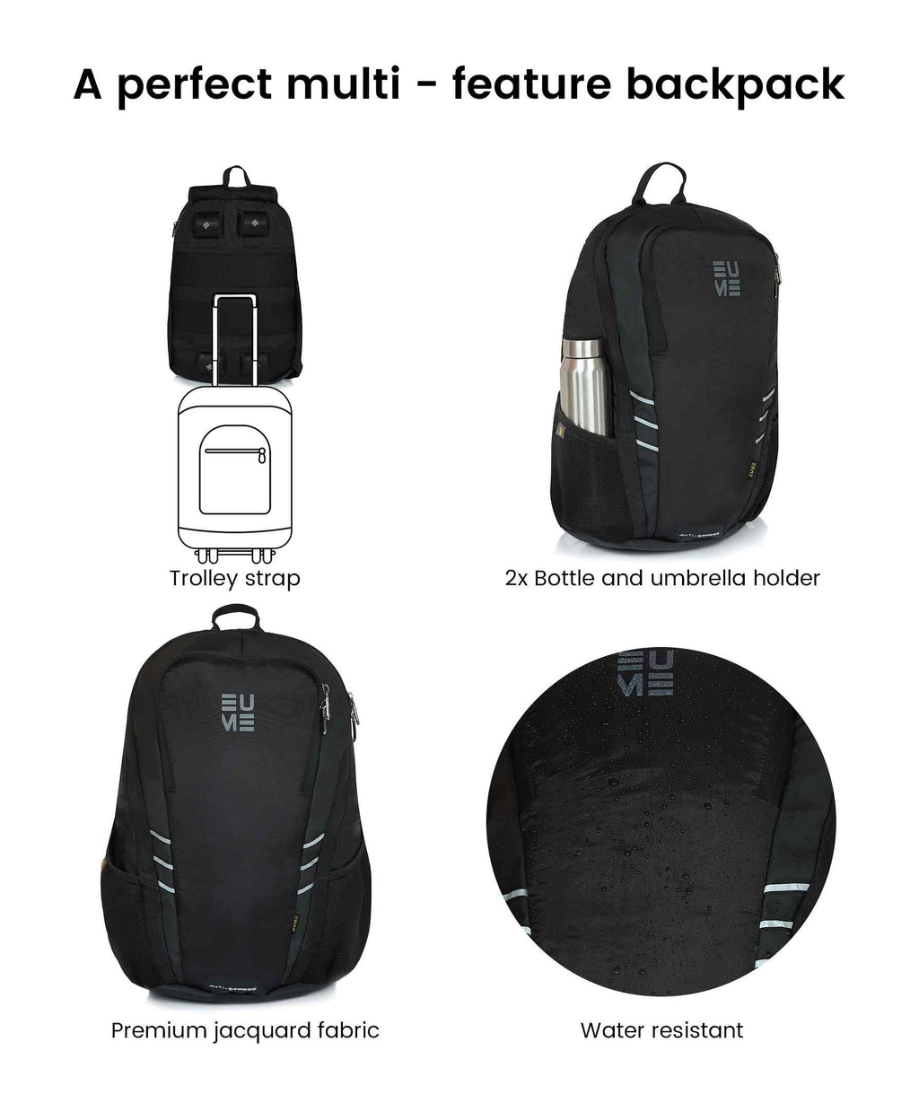 Propine 22L Massager Backpack with trolley strap and water-resistant fabric.