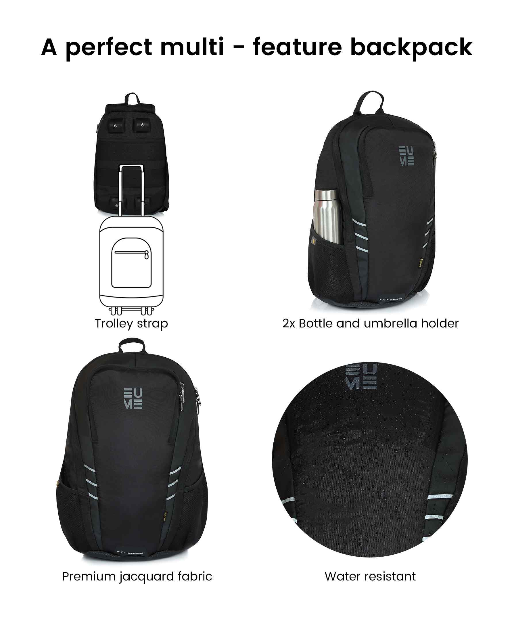Propine 22L Massager Backpack with trolley strap and water-resistant fabric.