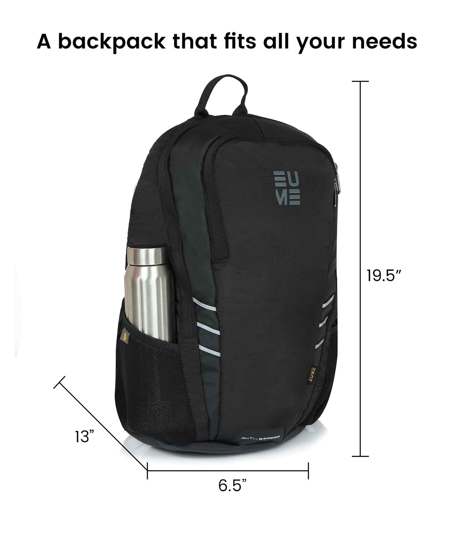 Propine 22L Massager Backpack with dimensions and water bottle holder.