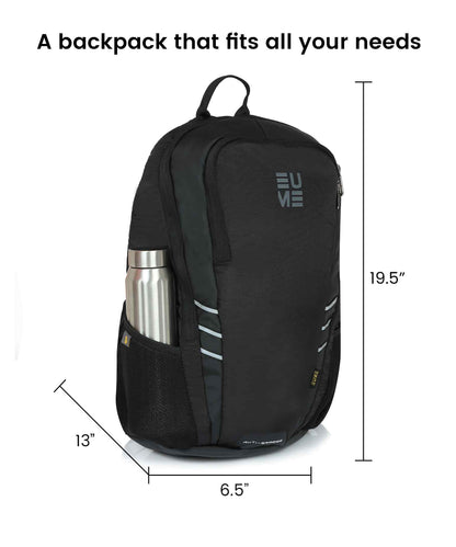 Propine 22L Massager Backpack with dimensions and water bottle holder.