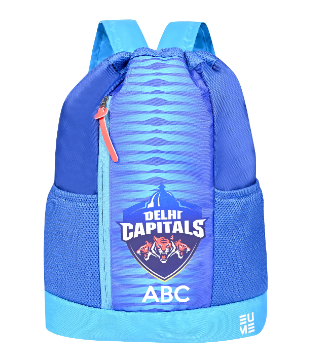 EUME Delhi Capitals 19L drawstring backpack in vibrant blue color.