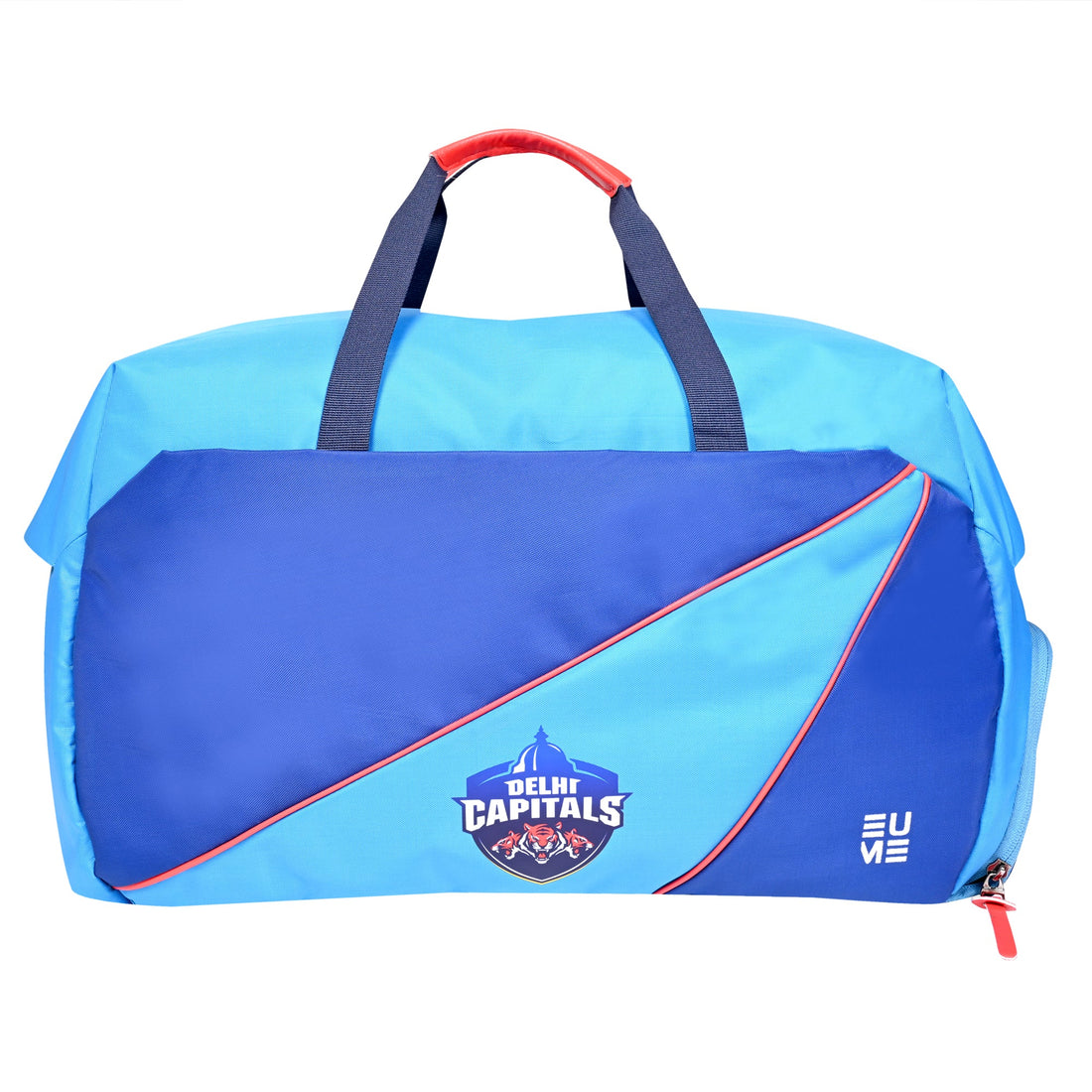 EUME Delhi Capitals Duffle Bag with Shoe Compartment in blue and red.